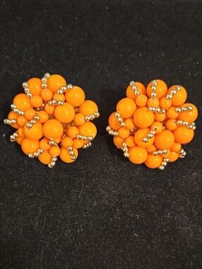 Vintage Cluster Orange Bead Statement Clip On Earrings